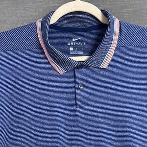 Nike Dri Fit Polo Shirt L Blue Orange Striped Golf Performance Athletic Casual‎